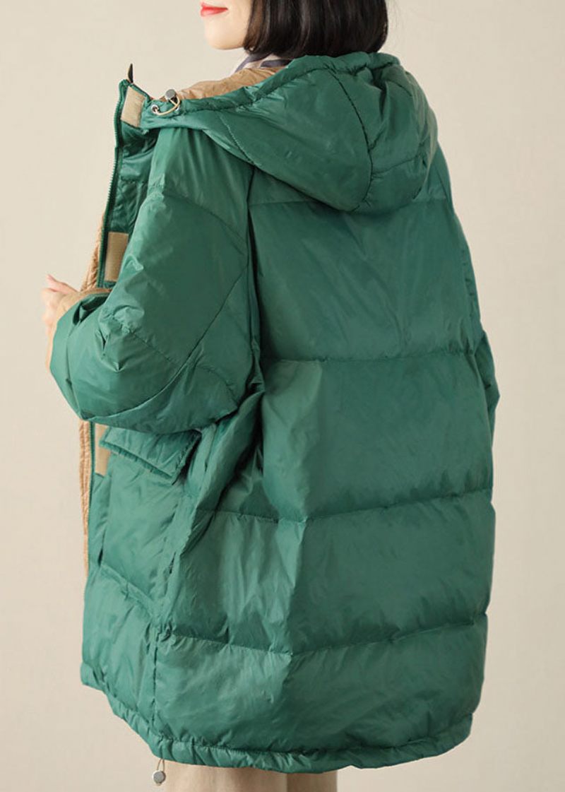 Boho Grön Dragkedja Graphic Loose Winter Duck Down Puffer - Vit