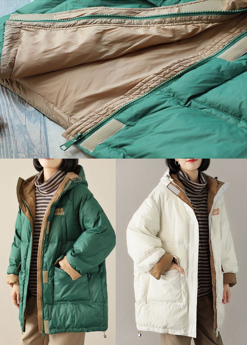 Boho Grön Dragkedja Graphic Loose Winter Duck Down Puffer - Vit