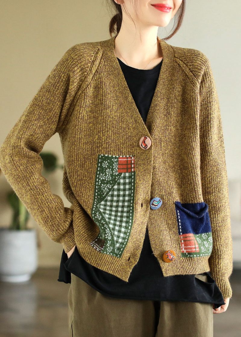 Boho Gul V-ringad Patchwork Applikation Stickade Cardigans Vinter