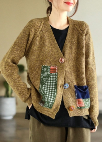 Boho Gul V-ringad Patchwork Applikation Stickade Cardigans Vinter