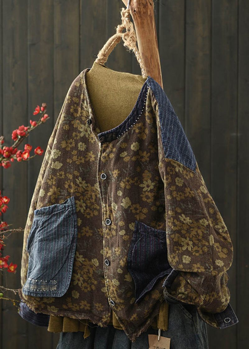 Boho Kaffetrycksfickor Denim Patchwork Fin Bomullsfylld Jacka Vinter