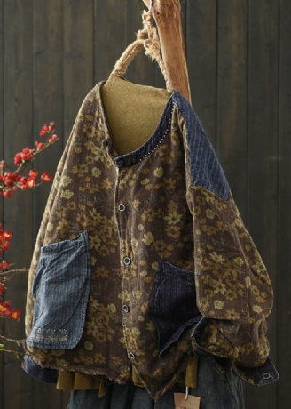 Boho Kaffetrycksfickor Denim Patchwork Fin Bomullsfylld Jacka Vinter