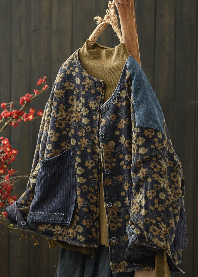 Boho Kaffetrycksfickor Denim Patchwork Fin Bomullsfylld Jacka Vinter - Dunjackor för kvinnor