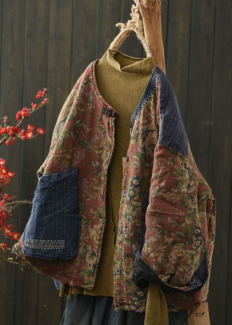 Boho Kaffetrycksfickor Denim Patchwork Fin Bomullsfylld Jacka Vinter - Dunjackor för kvinnor