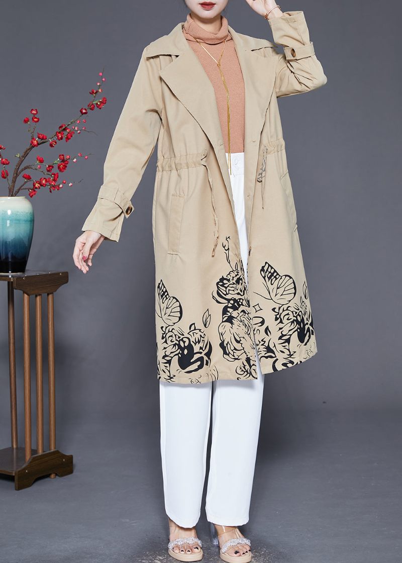 Boho Khaki Cinched Print Bomull Coat Ytterkläder Höst - Trenchcoats för kvinnor