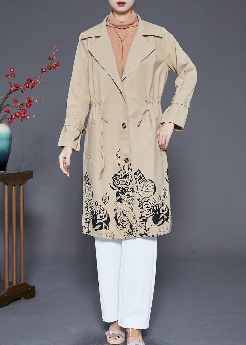 Boho Khaki Cinched Print Bomull Coat Ytterkläder Höst - Trenchcoats för kvinnor