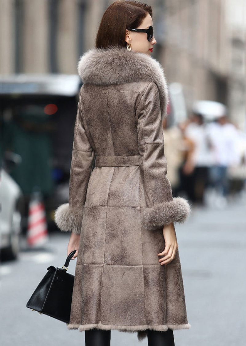 Boho Khaki Fox Krage Cinched Fuzzy Rabbit Läder Och Pälsrockar Vinter - Vinterkappor för kvinnor