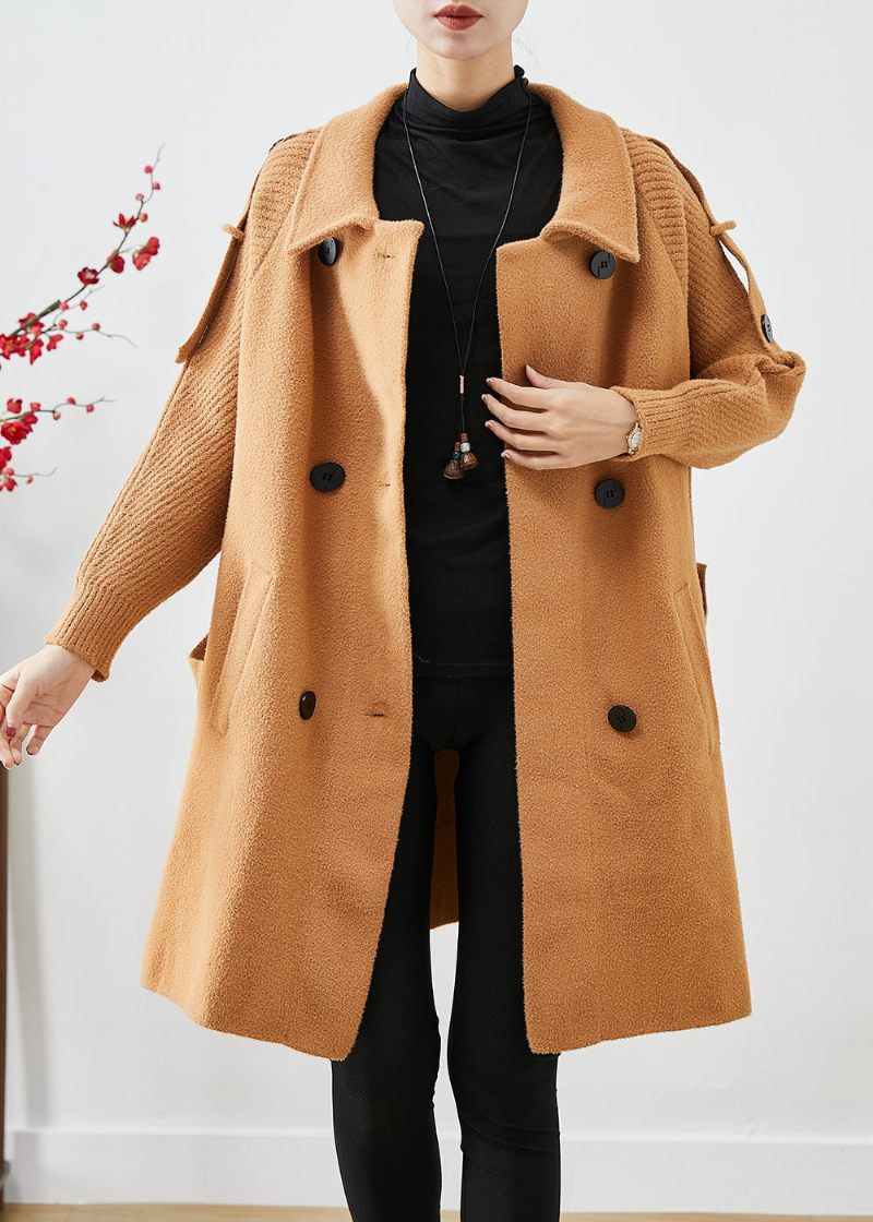 Boho Light Camel Dubbelbröst Patchwork Stickad Ull Trench Coats Höst - Trenchcoats för kvinnor