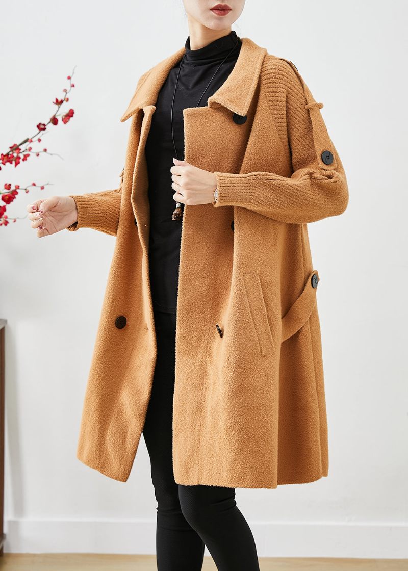 Boho Light Camel Dubbelbröst Patchwork Stickad Ull Trench Coats Höst - Trenchcoats för kvinnor