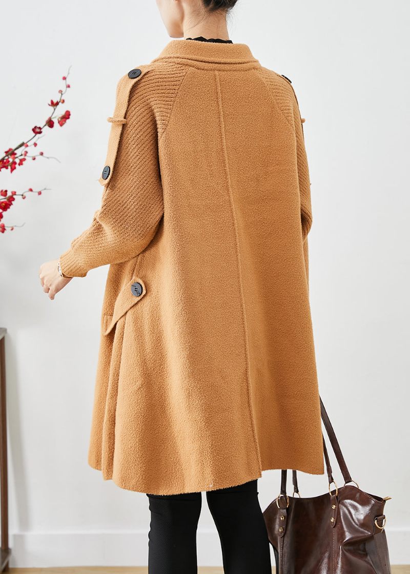 Boho Light Camel Dubbelbröst Patchwork Stickad Ull Trench Coats Höst - Trenchcoats för kvinnor