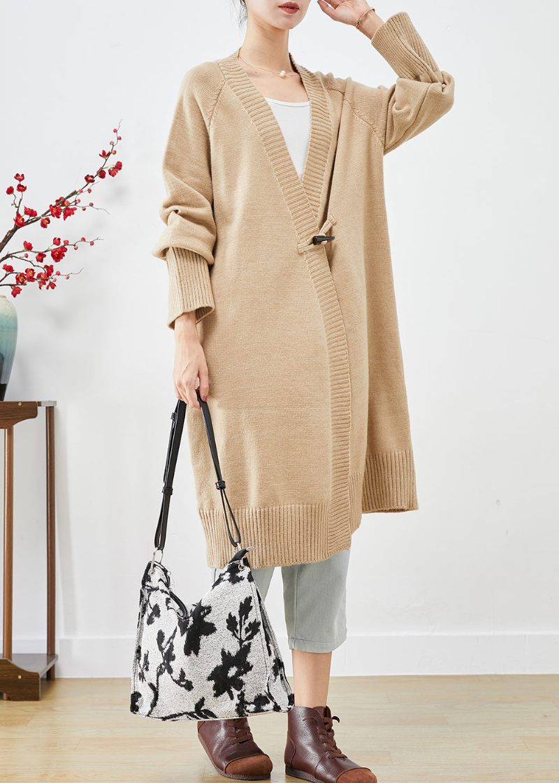 Boho Light Camel Oversized Horn Button Knit Loose Coat Fall - Koftor för kvinnor