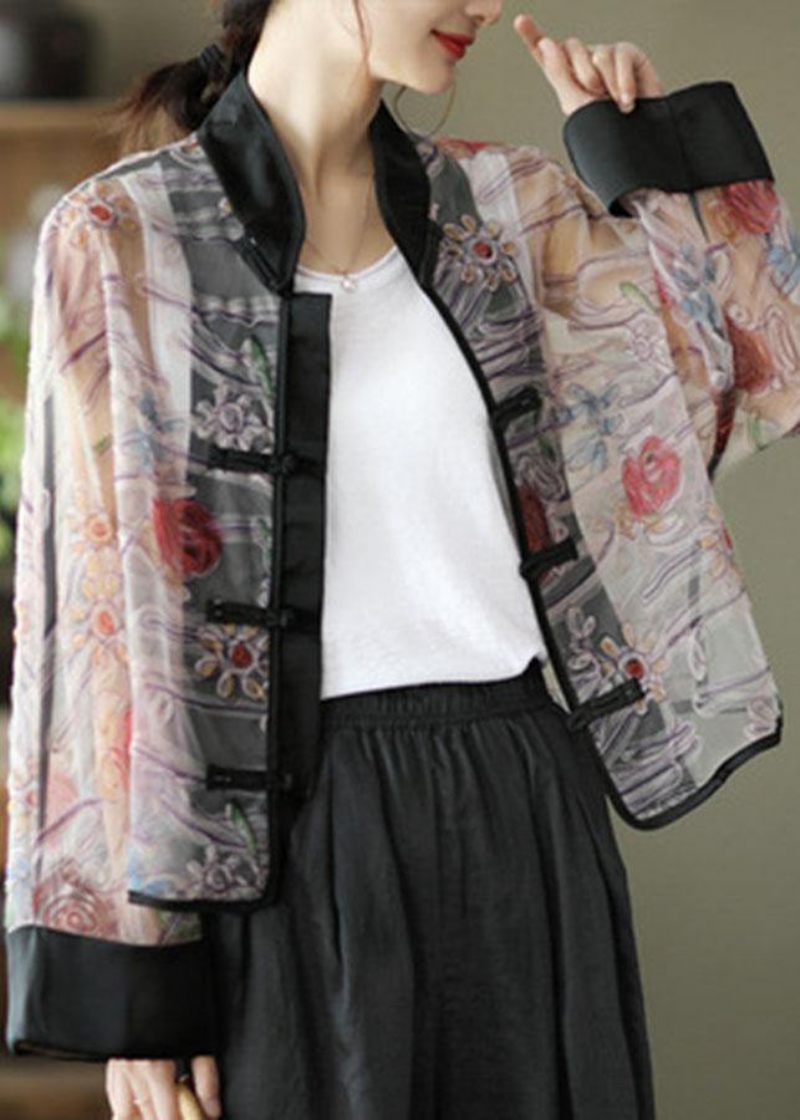 Boho Ljuslila Tryck Tyll Organza Patchwork Oriental Coat Summer