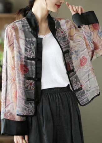 Boho Ljuslila Tryck Tyll Organza Patchwork Oriental Coat Summer