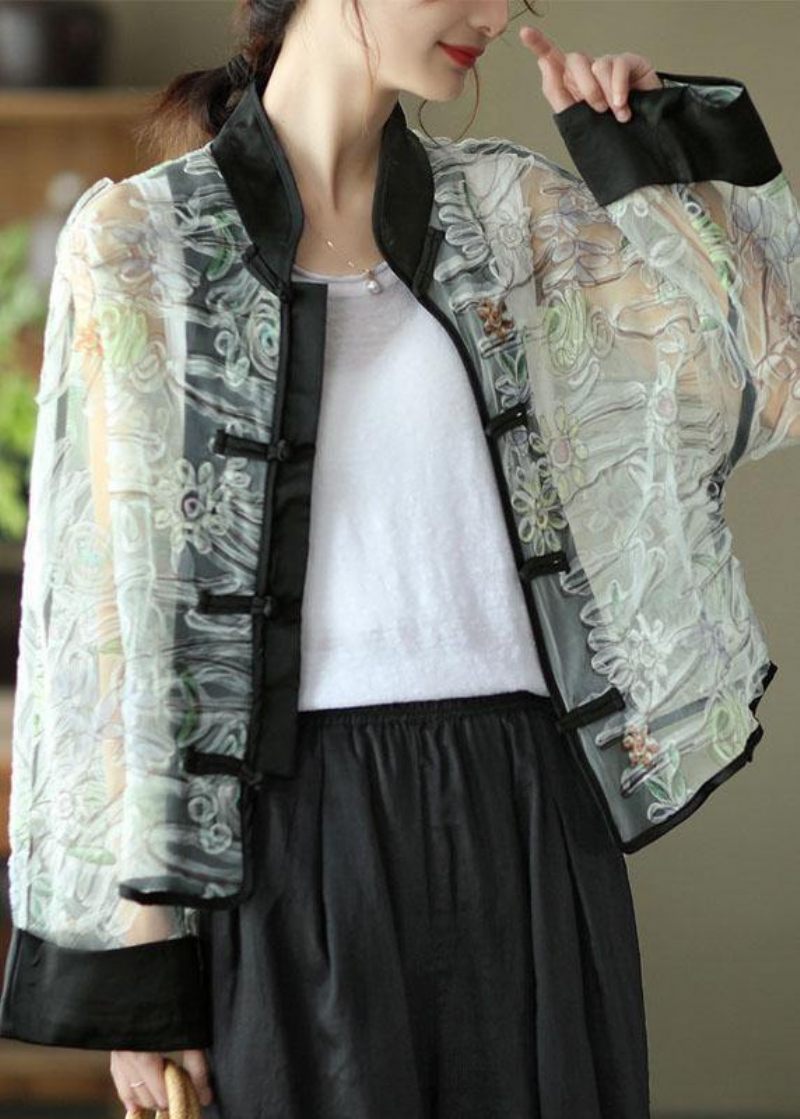 Boho Ljuslila Tryck Tyll Organza Patchwork Oriental Coat Summer - Ljuslila