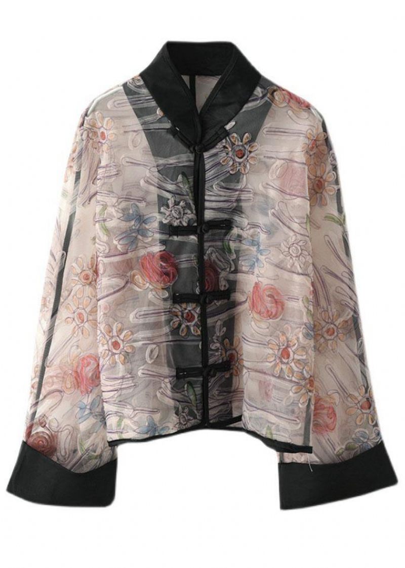 Boho Ljuslila Tryck Tyll Organza Patchwork Oriental Coat Summer - Ljuslila