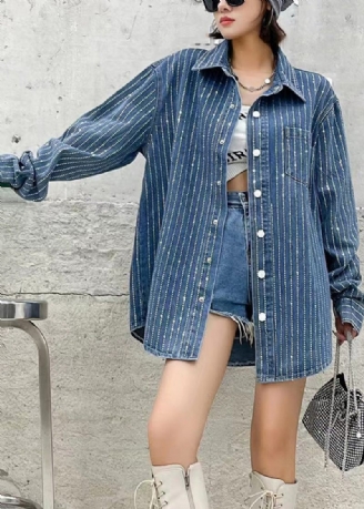 Boho Mörkblå Peter Pan Krage Patchwork Solid Denim Coats Höst