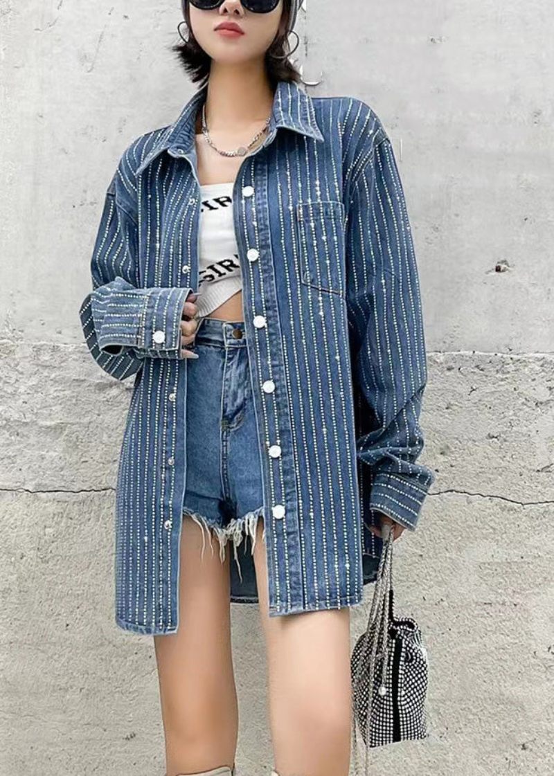 Boho Mörkblå Peter Pan Krage Patchwork Solid Denim Coats Höst - Vinterkappor för kvinnor