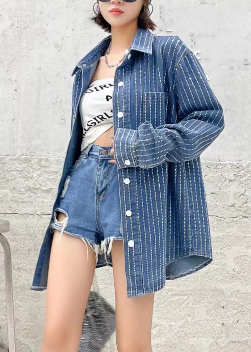 Boho Mörkblå Peter Pan Krage Patchwork Solid Denim Coats Höst - Vinterkappor för kvinnor