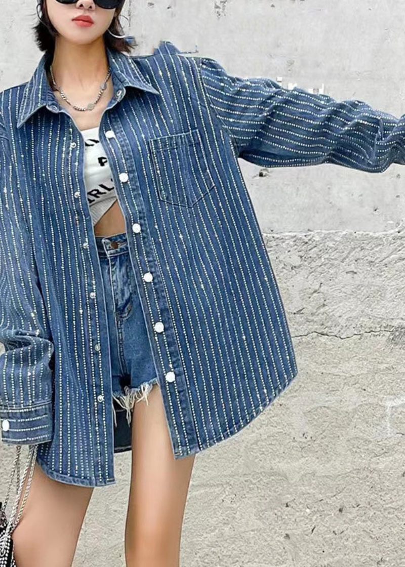 Boho Mörkblå Peter Pan Krage Patchwork Solid Denim Coats Höst - Vinterkappor för kvinnor