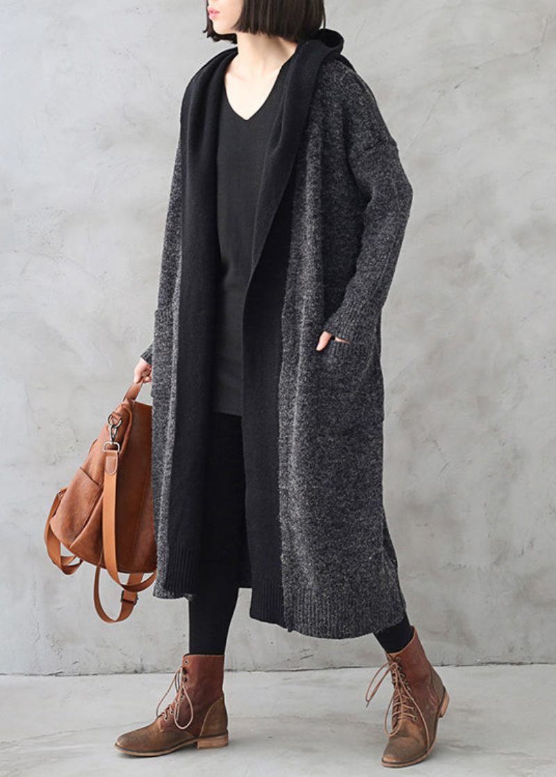 Boho Mörkgrå Ull Patchwork Stickad Hooded Maxi Trench Coats Höst - Trenchcoats för kvinnor