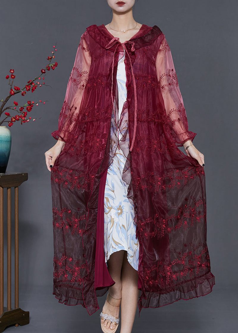 Boho Mulberry Broderad Organza Hooded Cardigan Summer - Koftor för kvinnor