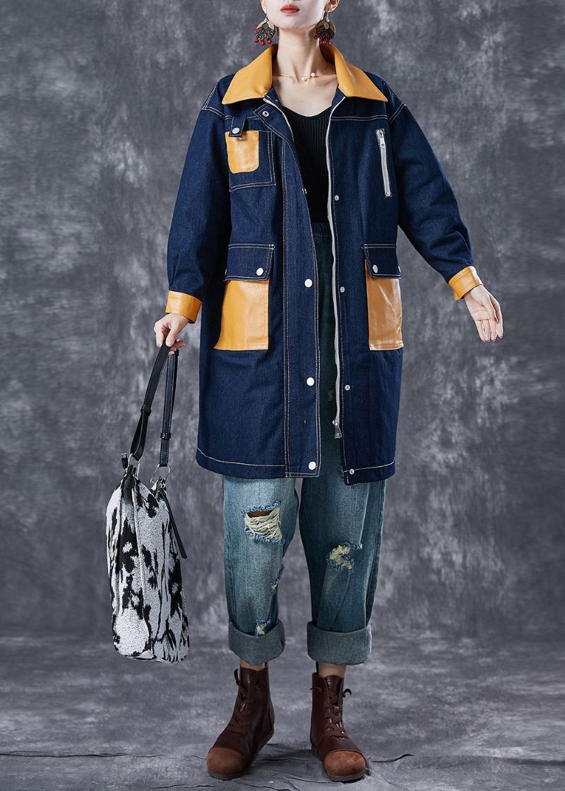 Boho Navy Oversized Patchwork-fickor Denimrock Ytterkläder Höst - Trenchcoats för kvinnor