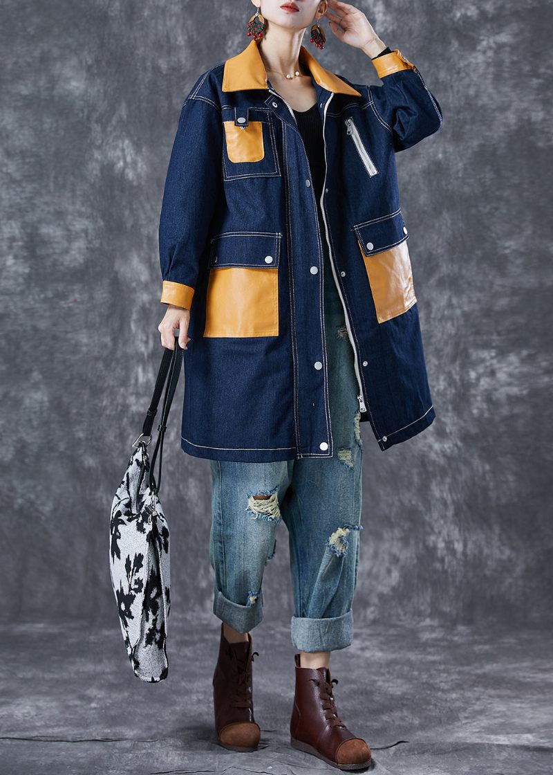 Boho Navy Oversized Patchwork-fickor Denimrock Ytterkläder Höst - Trenchcoats för kvinnor