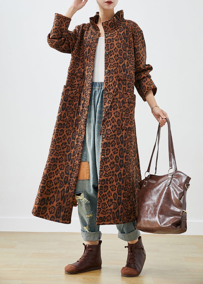 Boho Oversized Leopardtryck Bomull Trenchcoats Höst