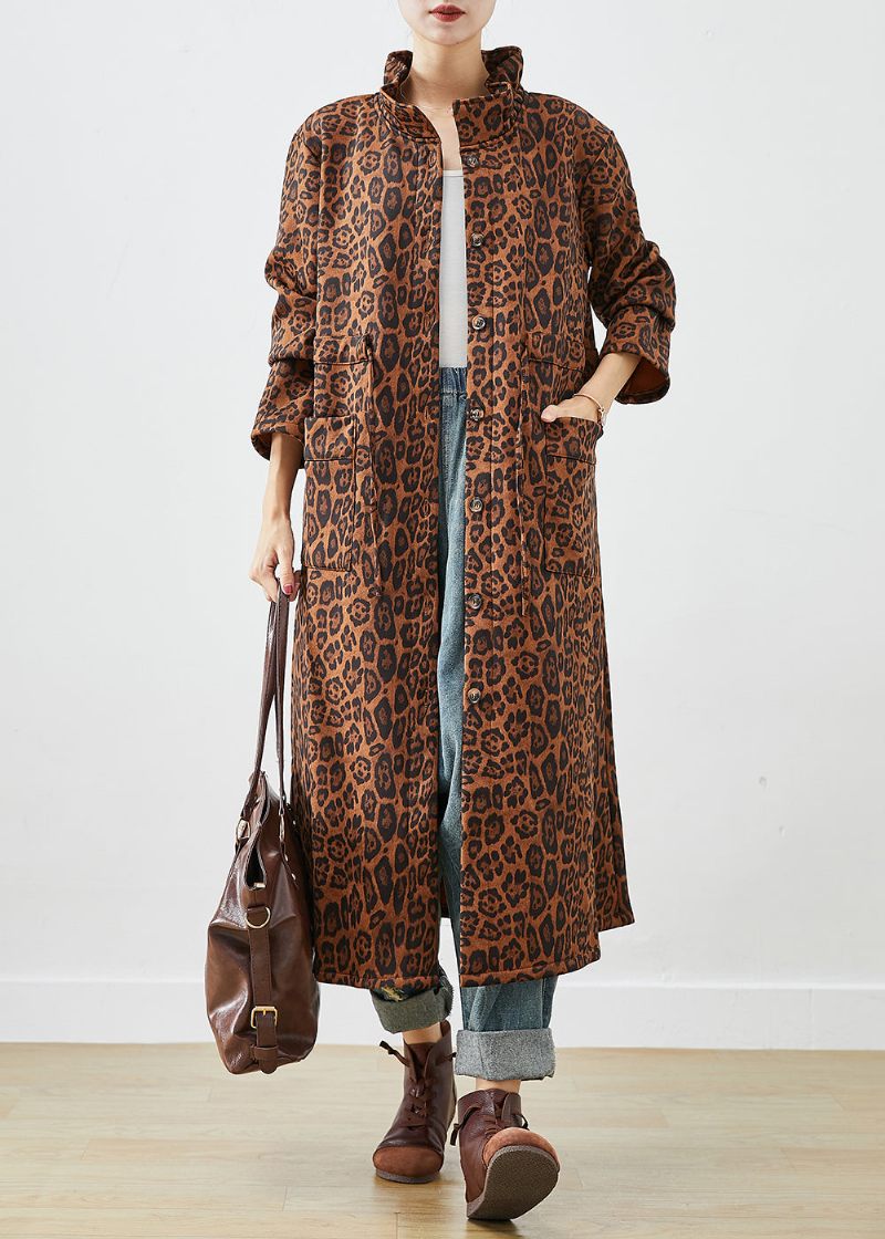 Boho Oversized Leopardtryck Bomull Trenchcoats Höst - Trenchcoats för kvinnor