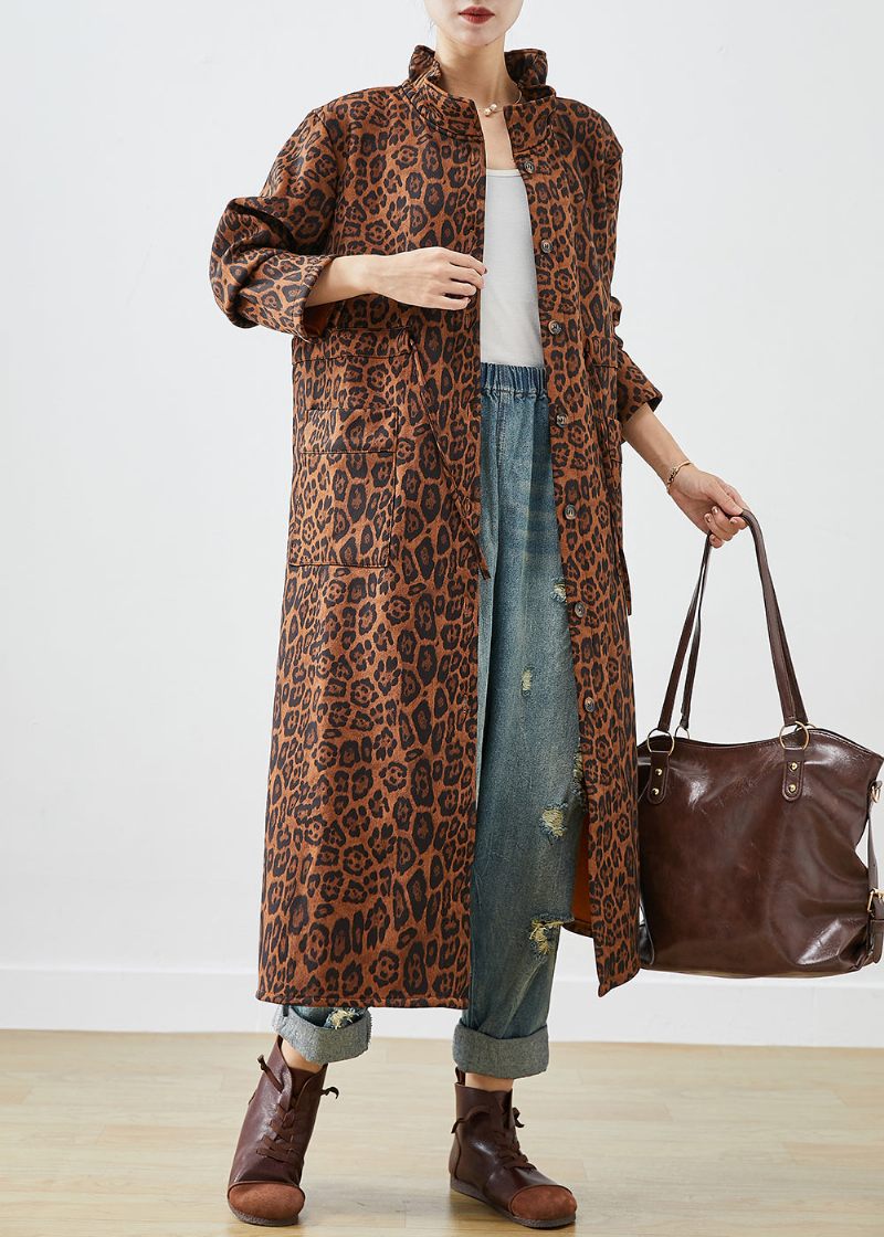 Boho Oversized Leopardtryck Bomull Trenchcoats Höst - Trenchcoats för kvinnor