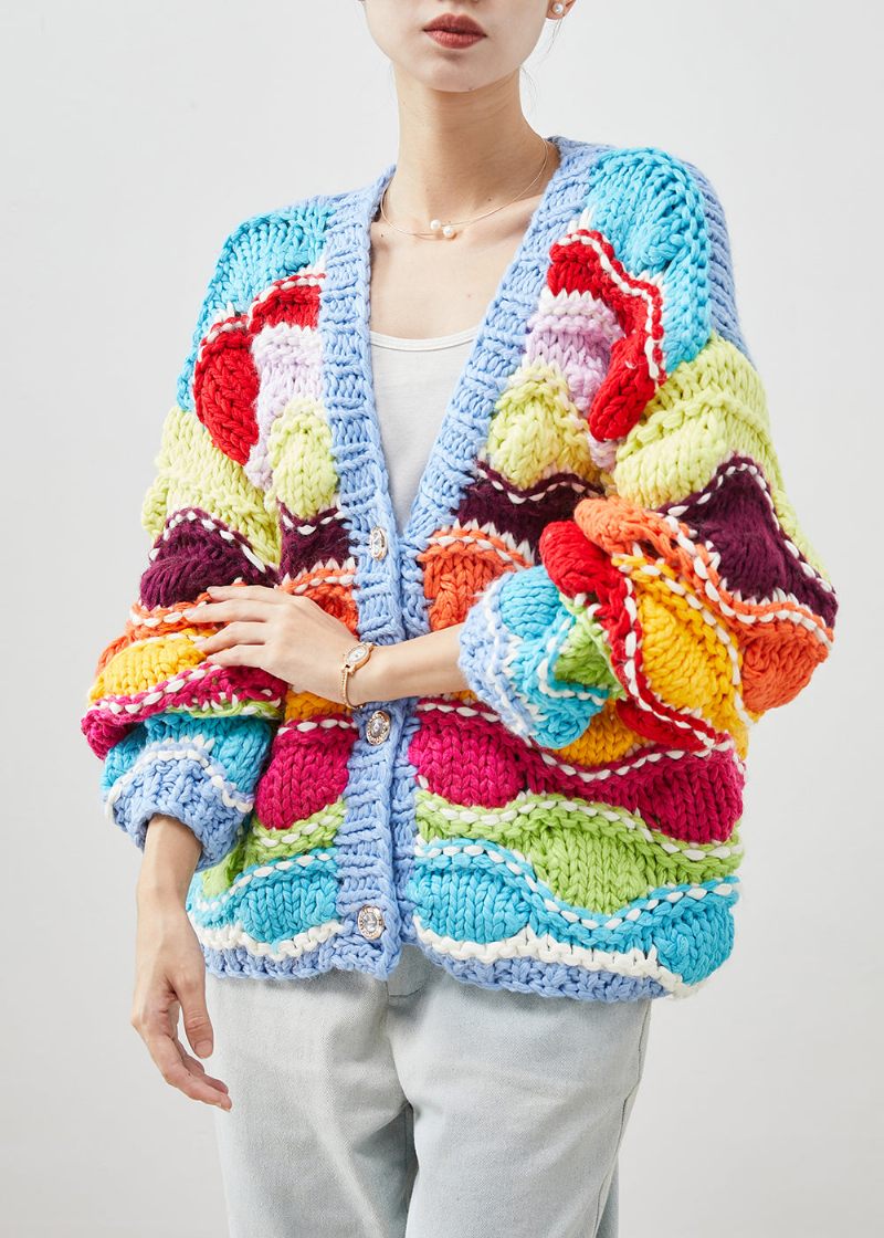 Boho Rainbow Oversized Patchwork Knit Cardigan Spring - Koftor för kvinnor