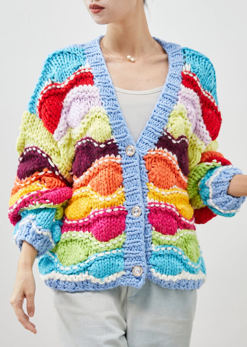 Boho Rainbow Oversized Patchwork Knit Cardigan Spring - Koftor för kvinnor