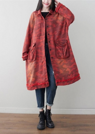 Boho Red Oversized Patchwork-fickor Bomull Trench Spring