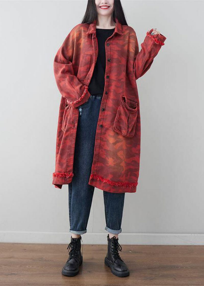 Boho Red Oversized Patchwork-fickor Bomull Trench Spring - Trenchcoats för kvinnor