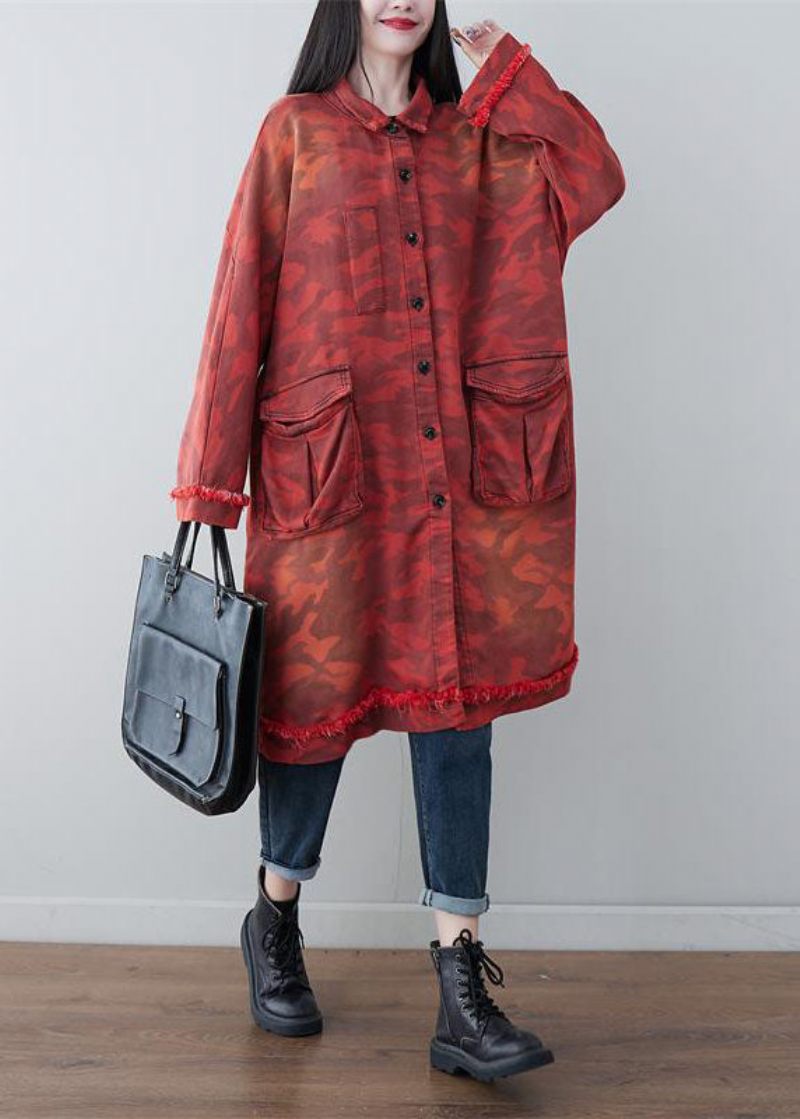 Boho Red Oversized Patchwork-fickor Bomull Trench Spring - Trenchcoats för kvinnor