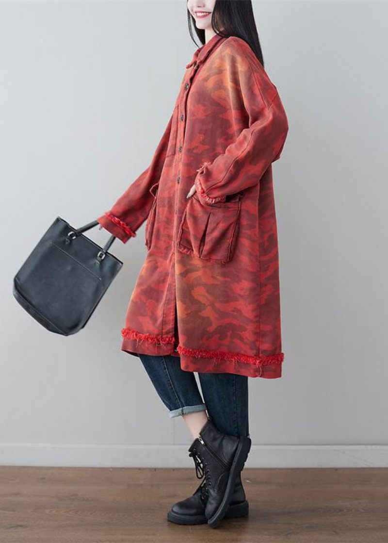 Boho Red Oversized Patchwork-fickor Bomull Trench Spring - Trenchcoats för kvinnor