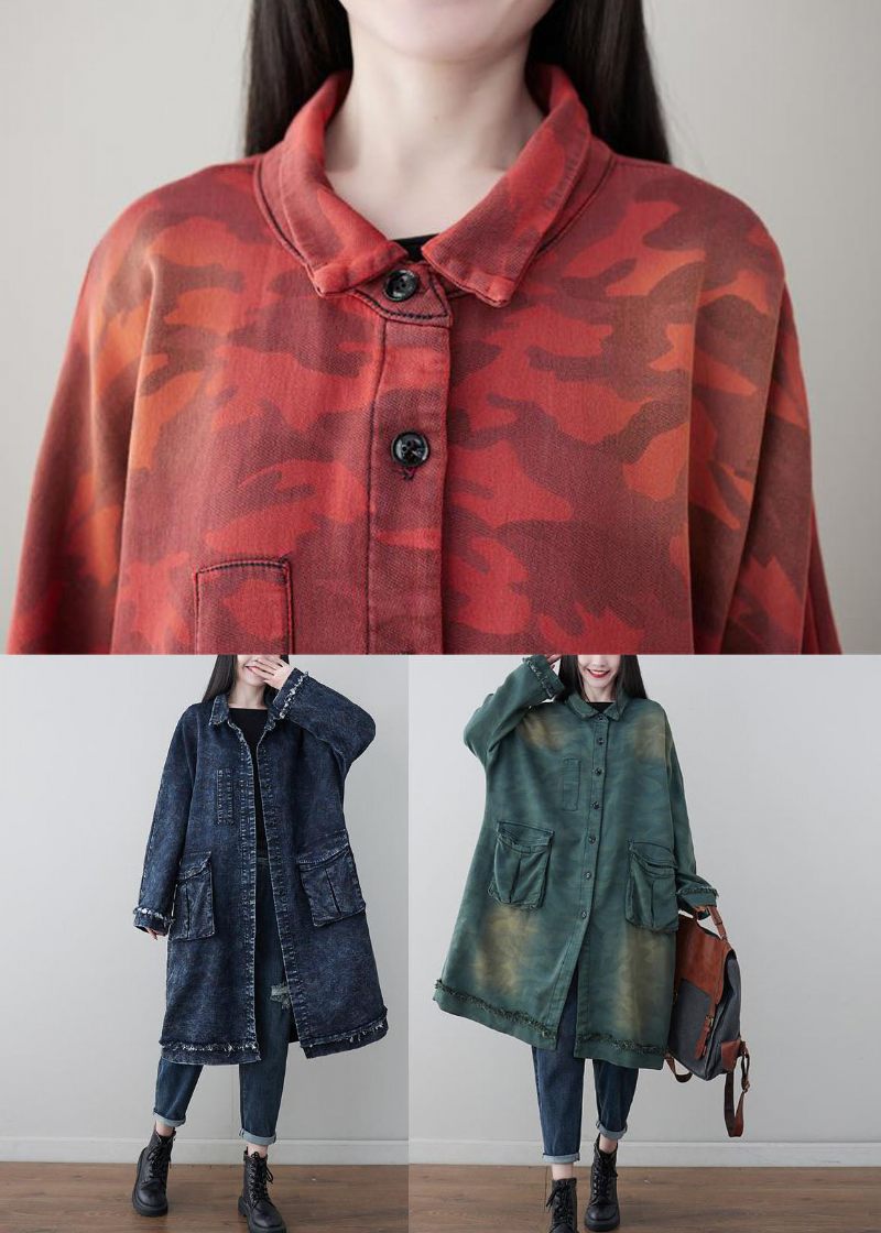 Boho Red Oversized Patchwork-fickor Bomull Trench Spring - Trenchcoats för kvinnor