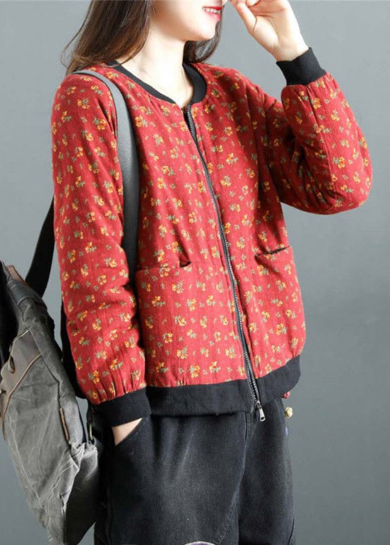 Boho Red Print Zip Up-fickor Patchwork Fina Bomullsfyllda Witner-rockar