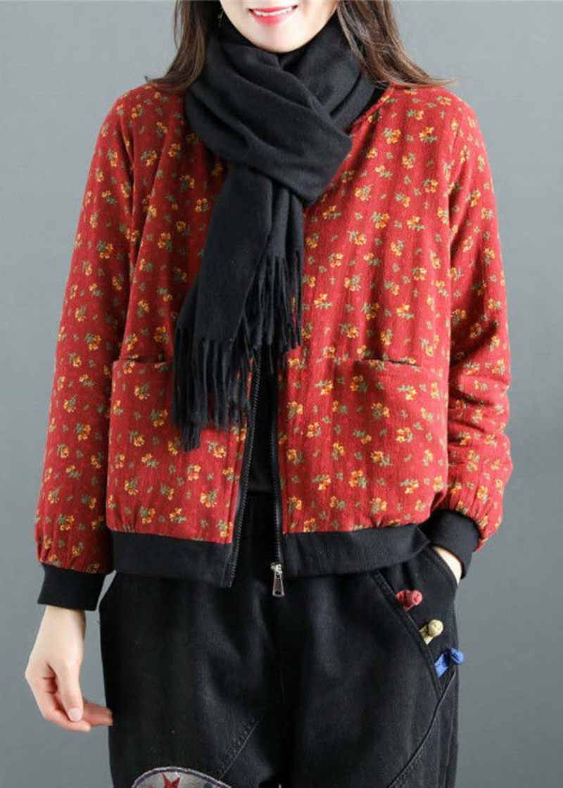 Boho Red Print Zip Up-fickor Patchwork Fina Bomullsfyllda Witner-rockar - Vinterkappor för kvinnor