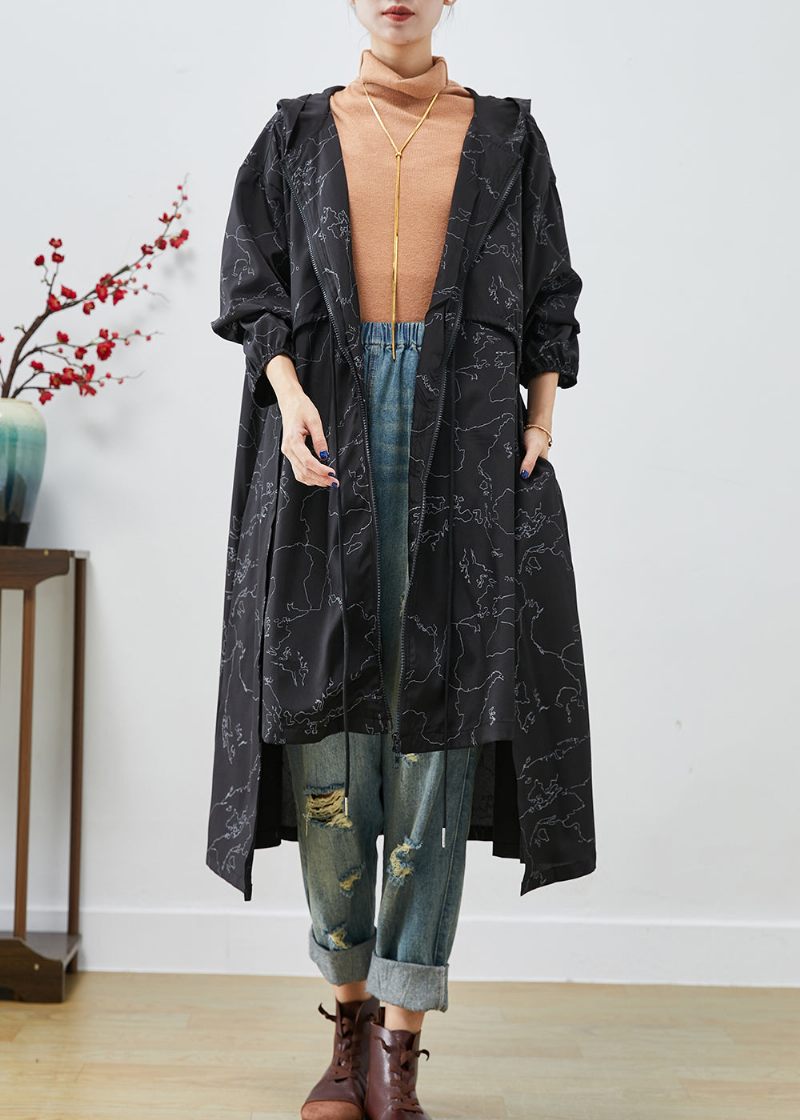 Boho Svart Asymmetriskt Tryck Dragsko Spandex Trench Coats Höst