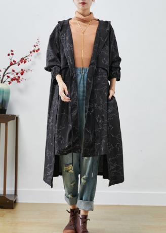 Boho Svart Asymmetriskt Tryck Dragsko Spandex Trench Coats Höst