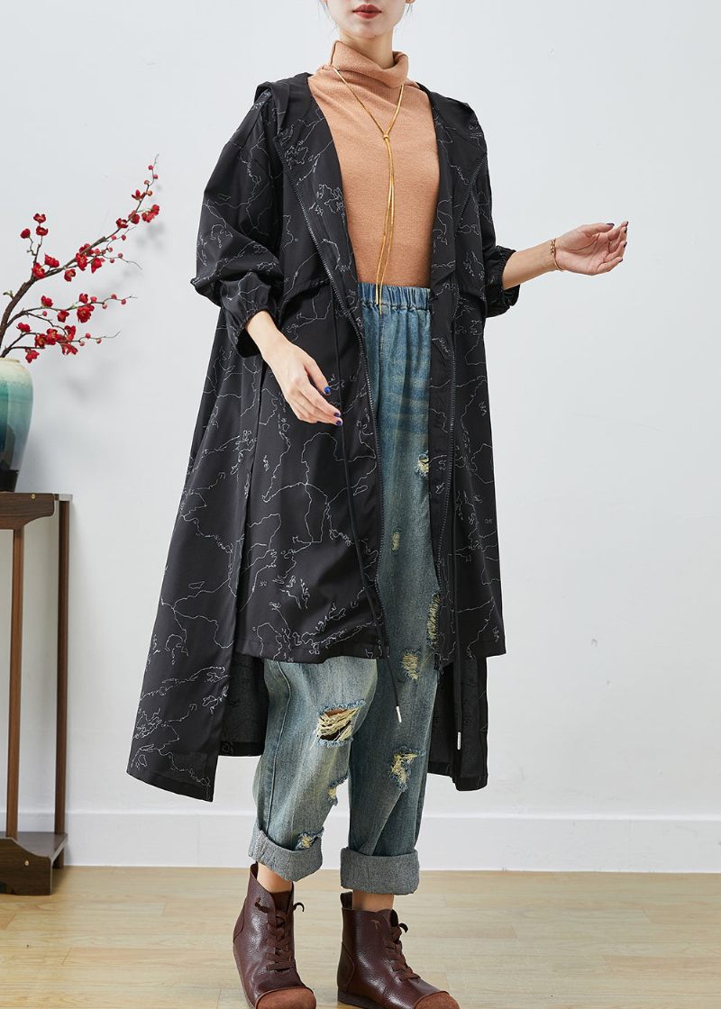 Boho Svart Asymmetriskt Tryck Dragsko Spandex Trench Coats Höst - Trenchcoats för kvinnor