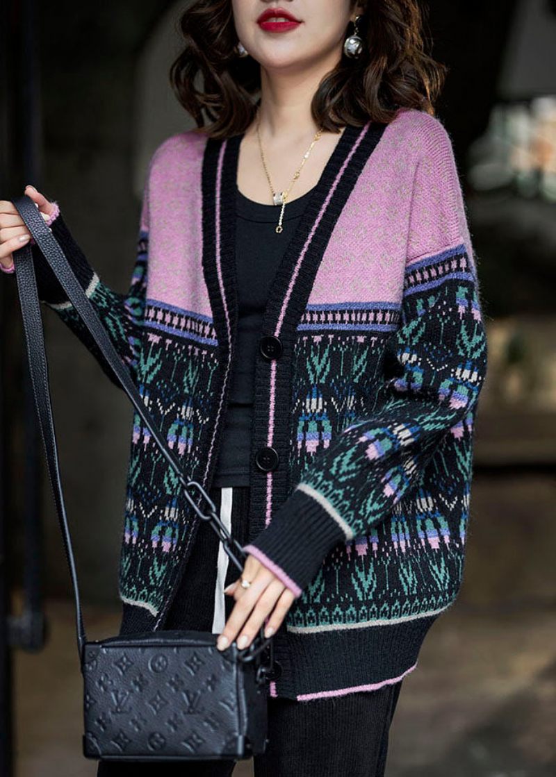 Boho Svart Rosa Oversized Patchwork Lazy Knit Cardigan Winter