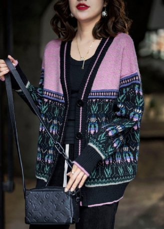 Boho Svart Rosa Oversized Patchwork Lazy Knit Cardigan Winter