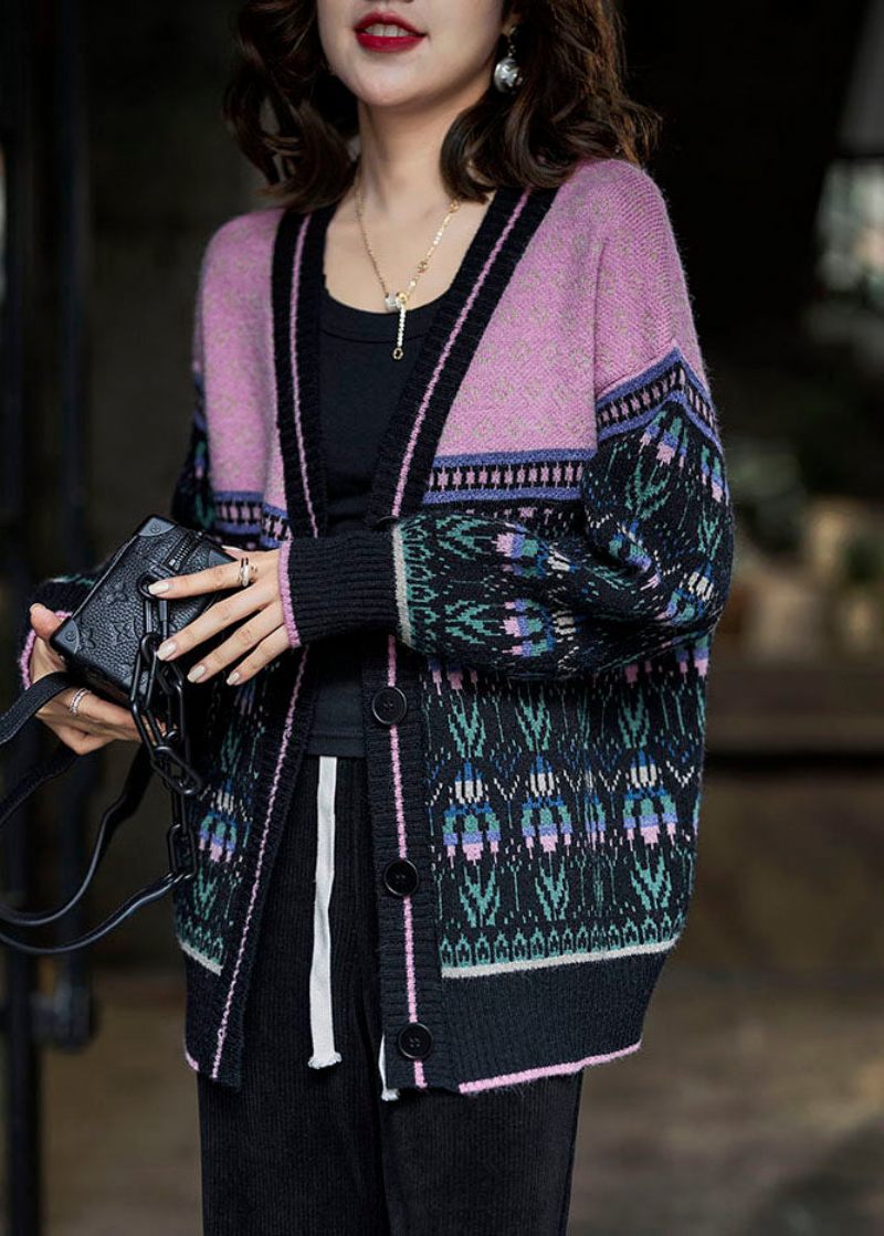 Boho Svart Rosa Oversized Patchwork Lazy Knit Cardigan Winter - Koftor för kvinnor