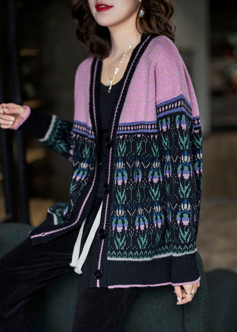 Boho Svart Rosa Oversized Patchwork Lazy Knit Cardigan Winter - Koftor för kvinnor