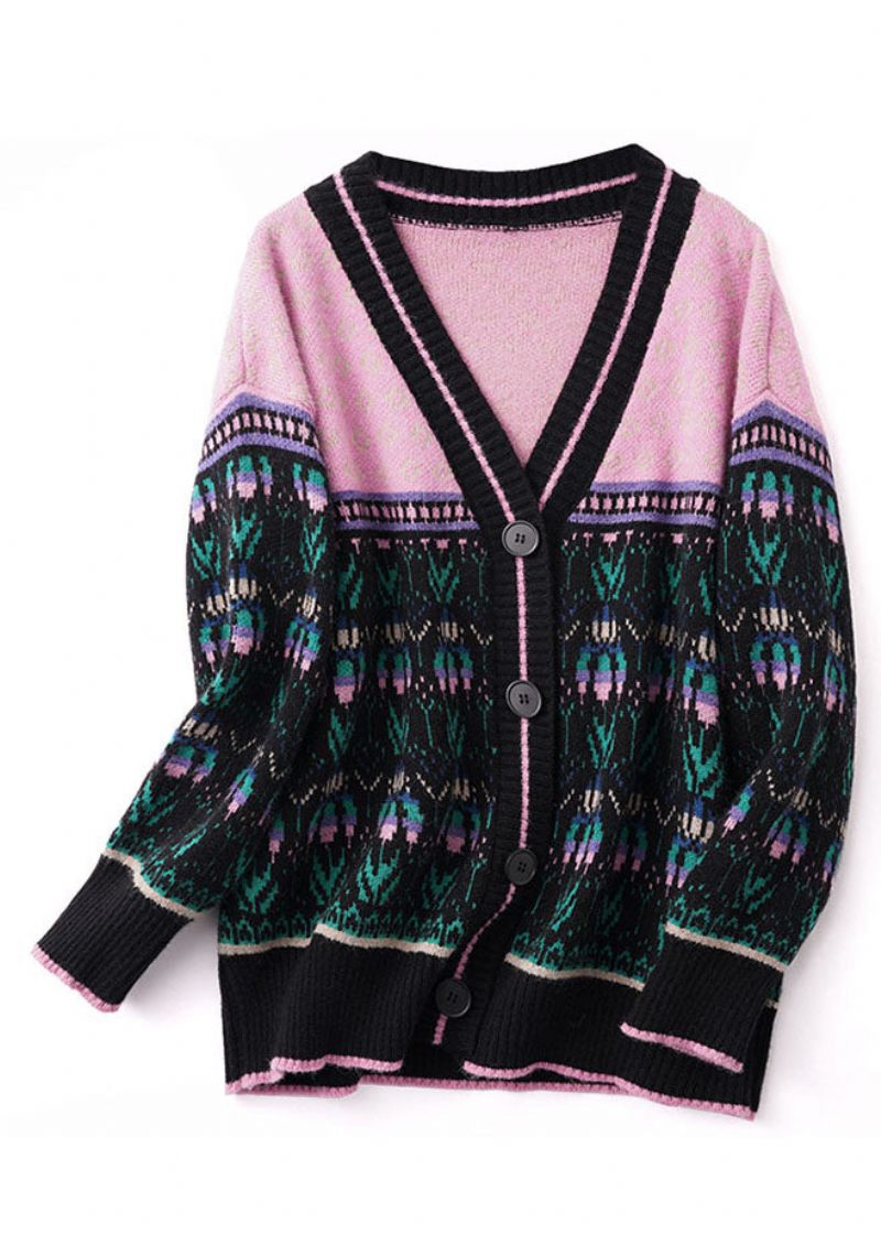 Boho Svart Rosa Oversized Patchwork Lazy Knit Cardigan Winter - Koftor för kvinnor