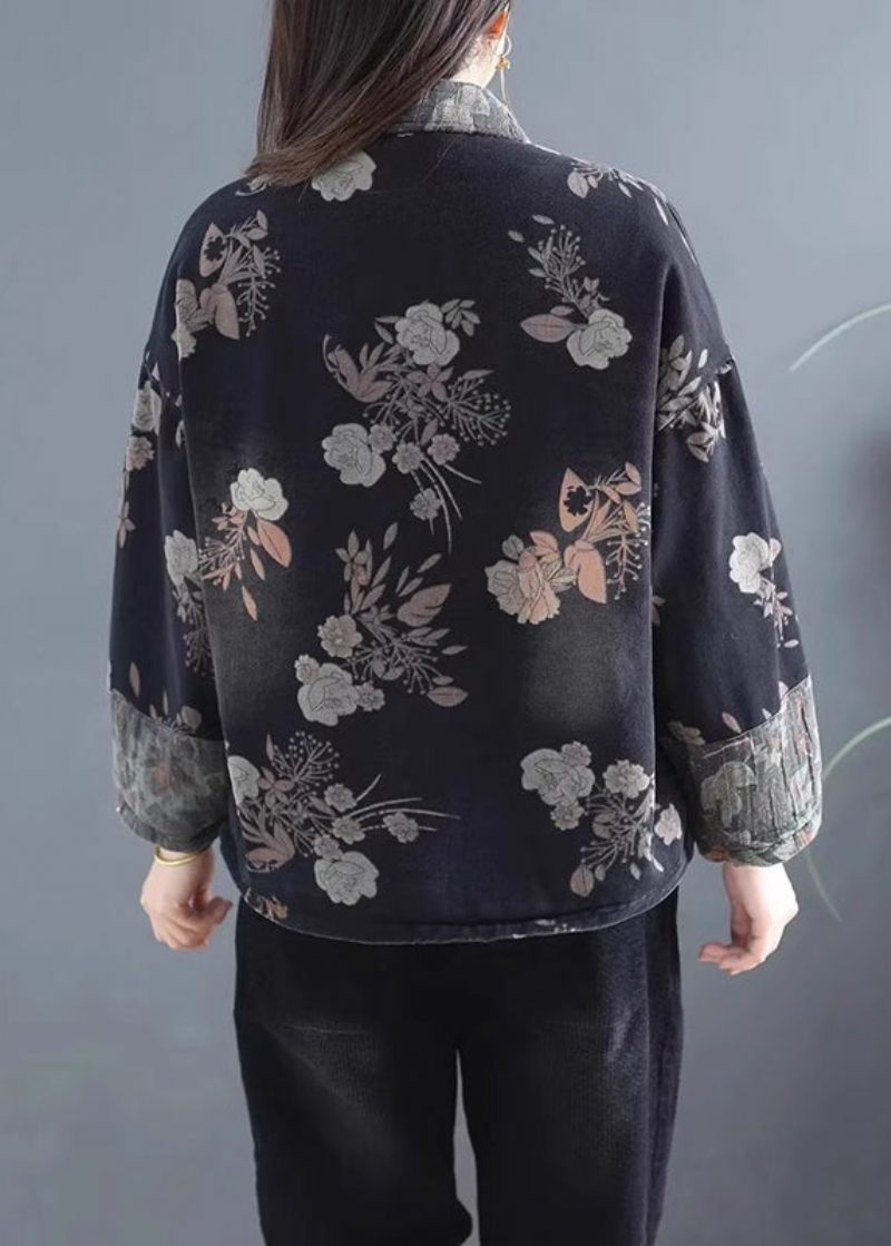 Boho Svarta Fickor Print Denim Varm Fleece Damjackor Vinter - Dunjackor för kvinnor