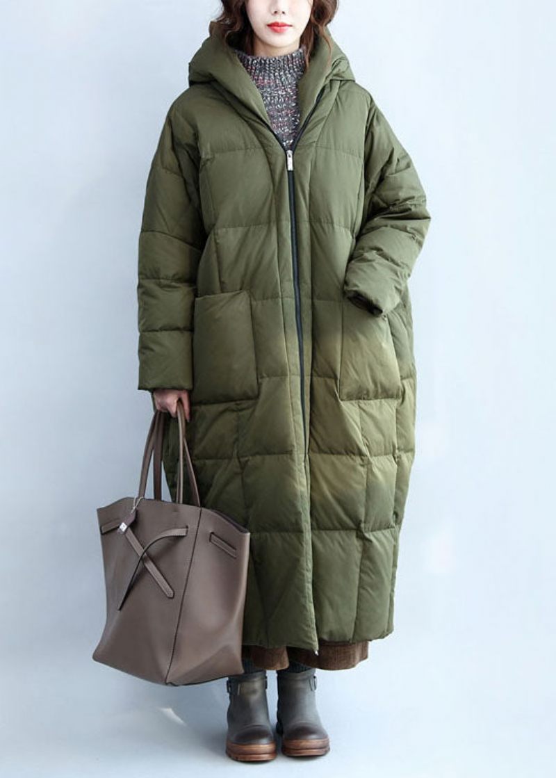 Boutique Army Green Hooded Dragkedja Fickor Duck Down Puffer Coat Vinter