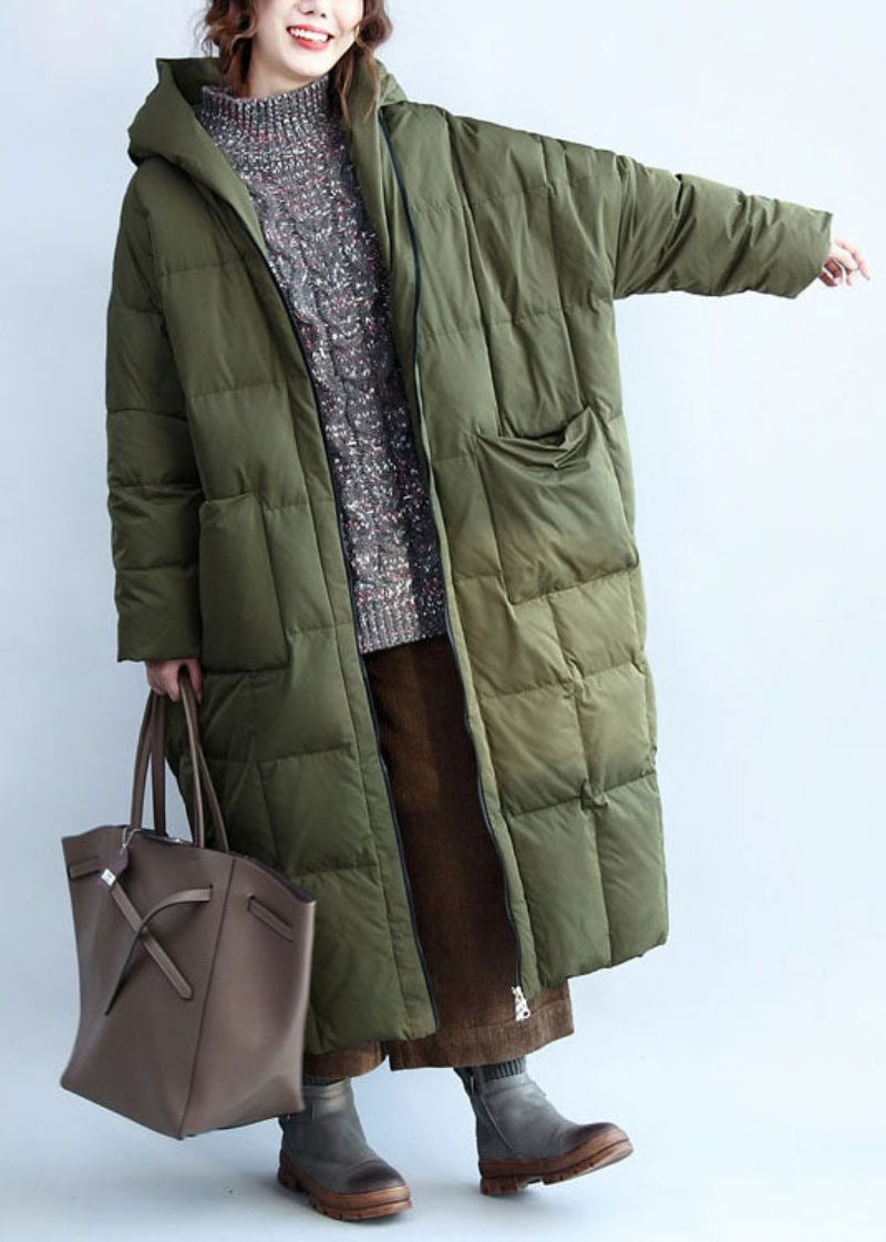 Boutique Army Green Hooded Dragkedja Fickor Duck Down Puffer Coat Vinter - Dunjackor för kvinnor